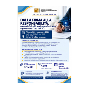Pistoia – Corso Deontologia professionale: “Dalla firma alla responsabilità: incarico professionale e intelligenza artificiale”.”